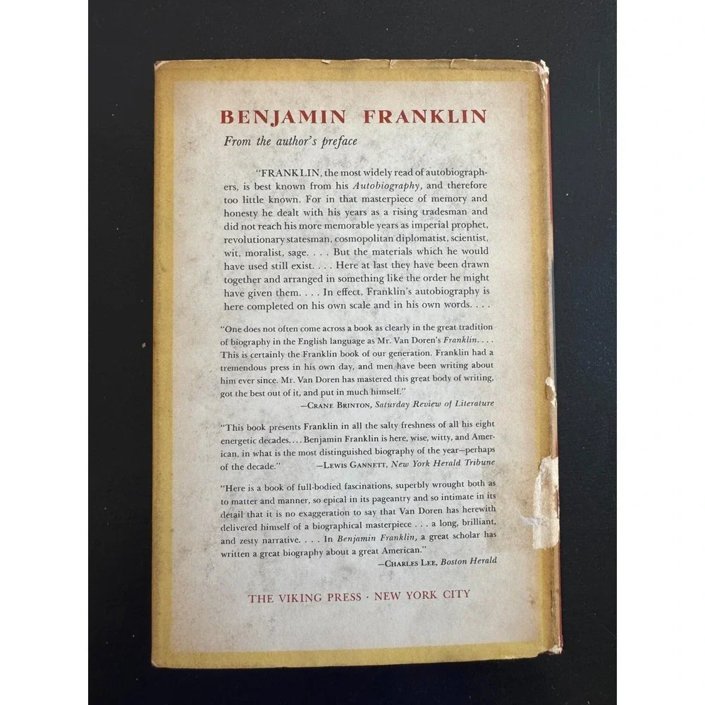 Benjamin Franklin by Carl Van Doren - 1st Edition - Viking 1938 in DJ Vintage